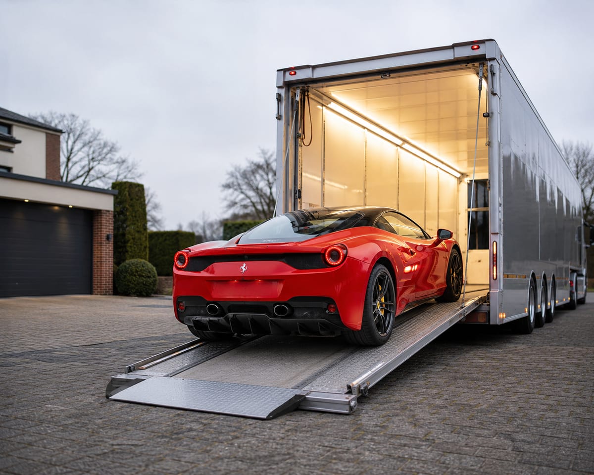 Red Ferrari being loaded into a silver enclosed transporter