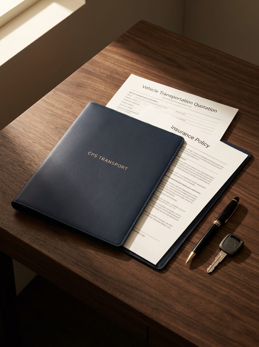 Leather portfolio, brass key and pen arranged on a walnut desk