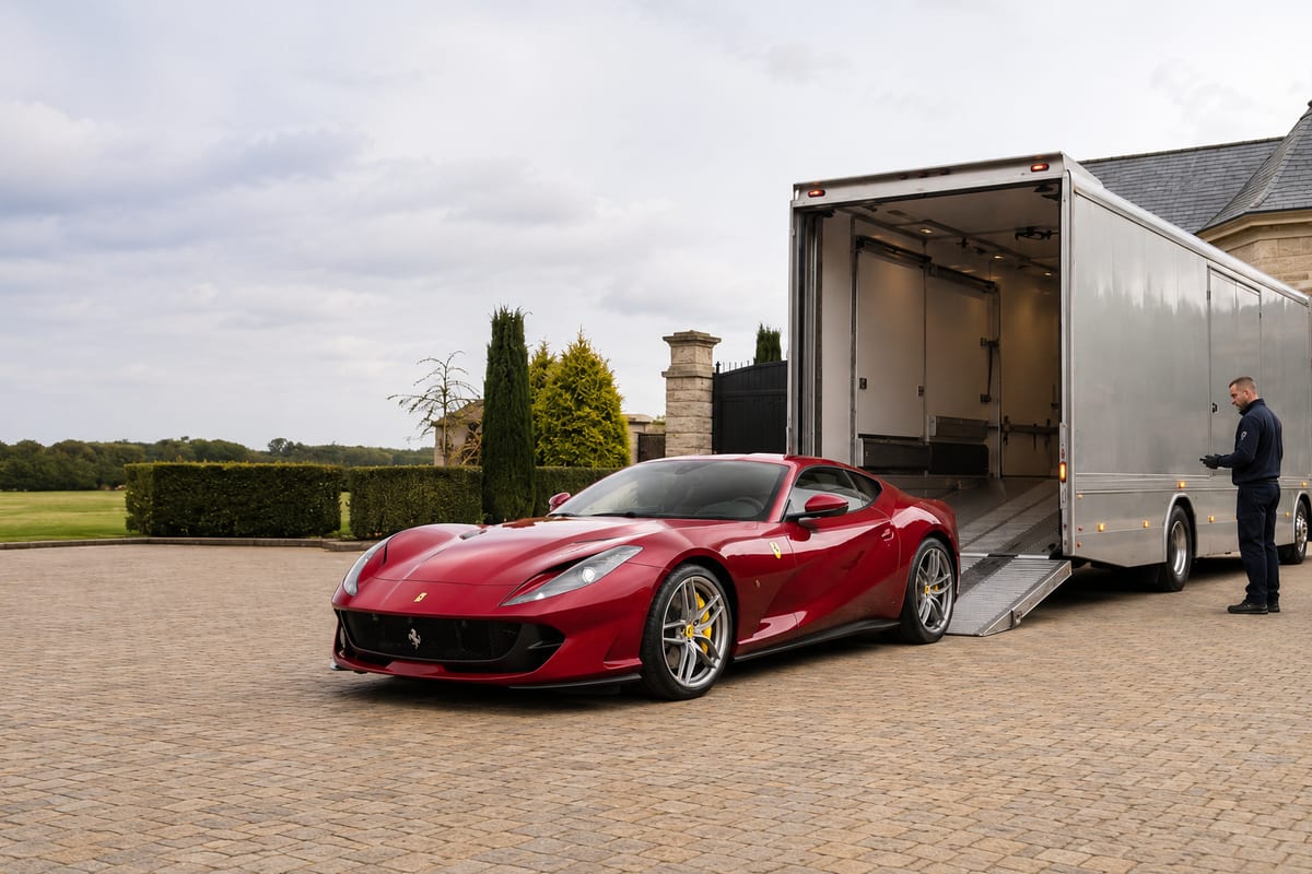Red Ferrari beside an enclosed transporter, ramp lowered